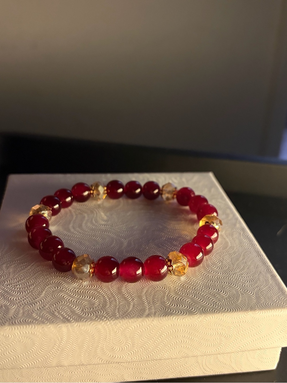 Elegant Red Bead & Gold Accent Stretch Bracelet
